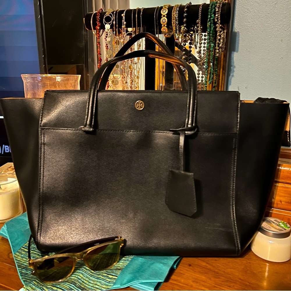 Tory Burch Classic Large Black Leather Tote Hand Bag